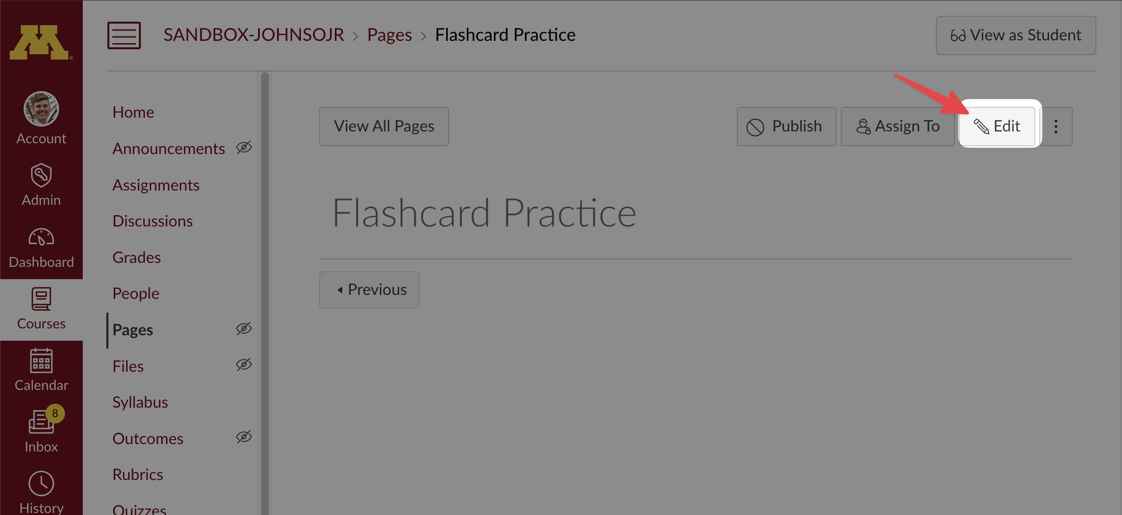 On the the Canvas page, choose the Edit button to access the page editor