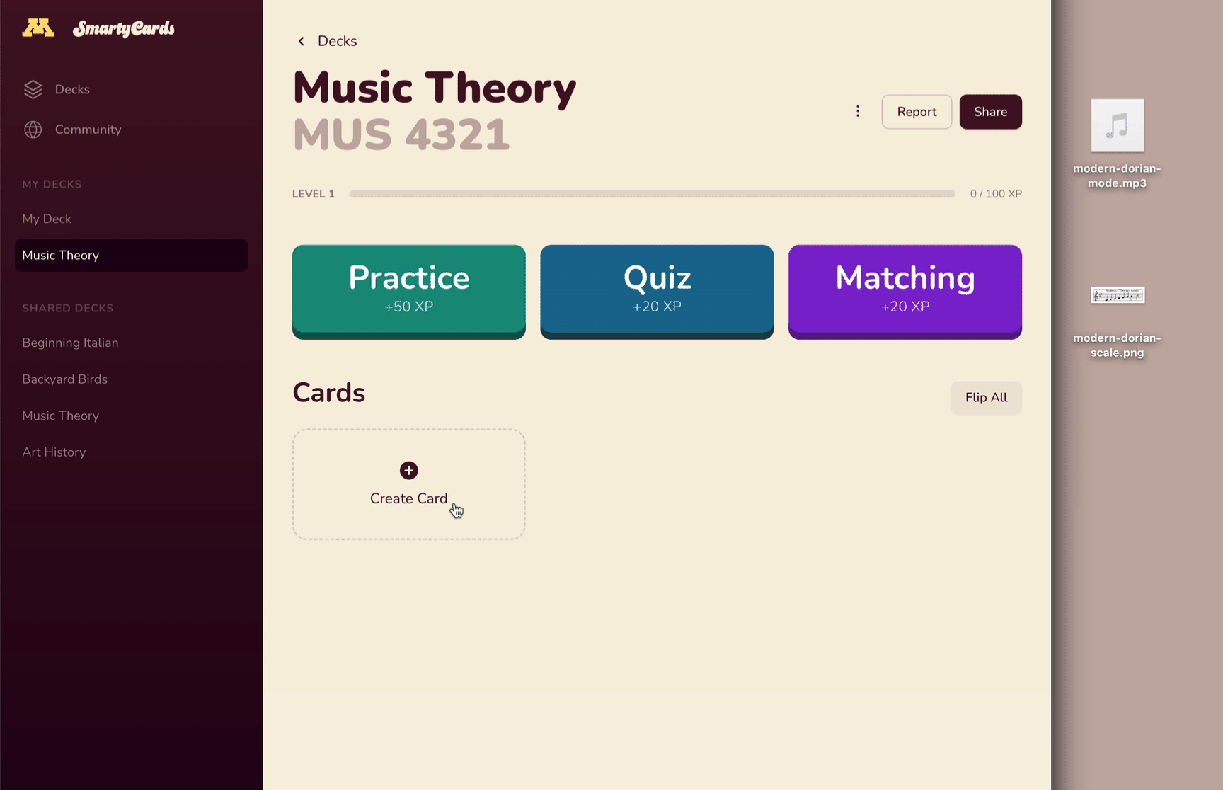 This animated GIF shows the process of creating a new digital flashcard. The user enters text, formats it, adds an audio file, and uploads an image to complete the card. They then save the card and view it in the deck.