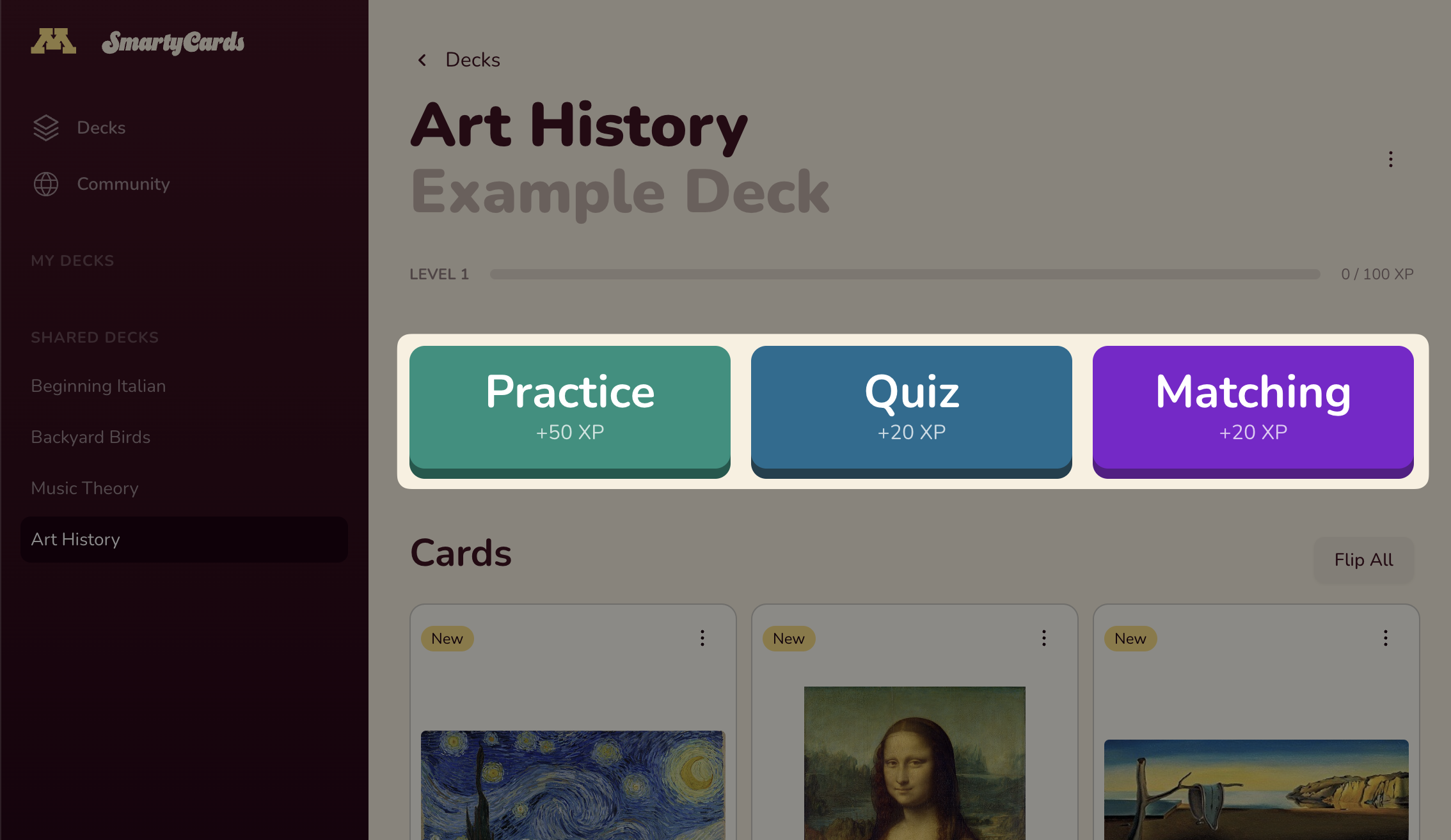 On the smartycards deck page, there are three buttons for the types of activities: Practice, Quiz, and Matching