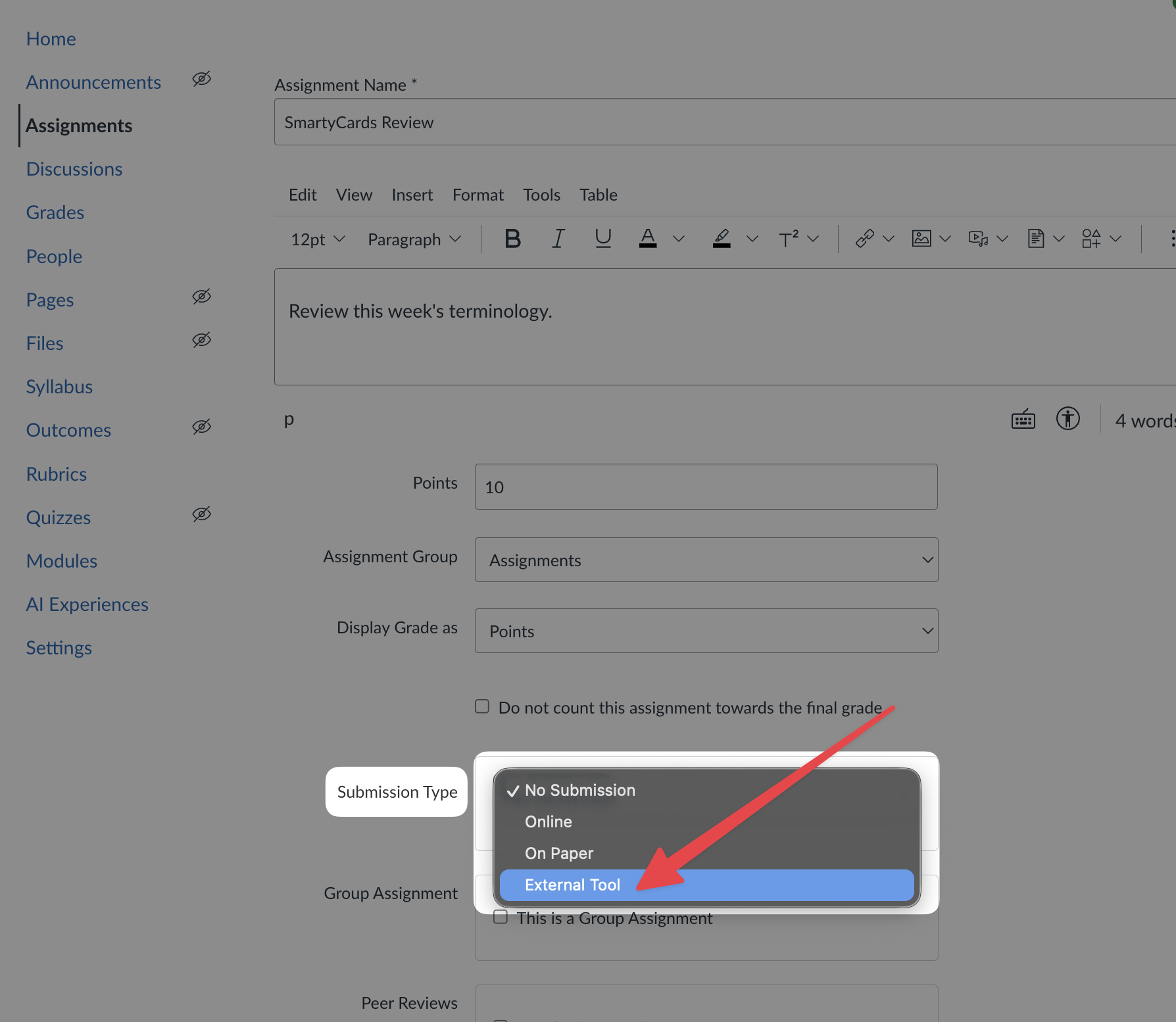Select External Tool as submission type