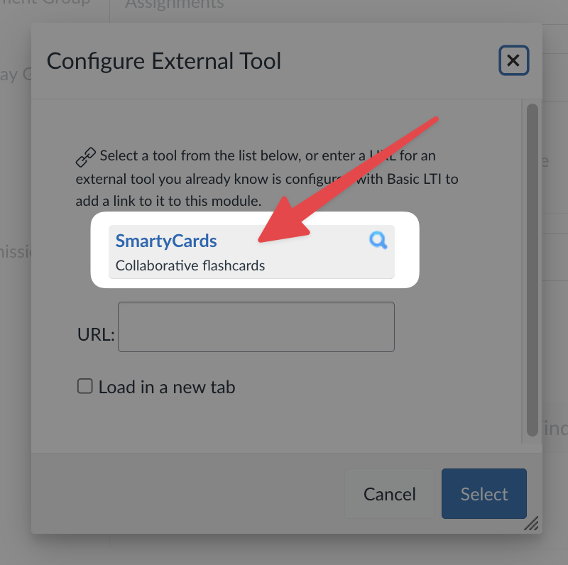 Select SmartyCards from the list of external tools