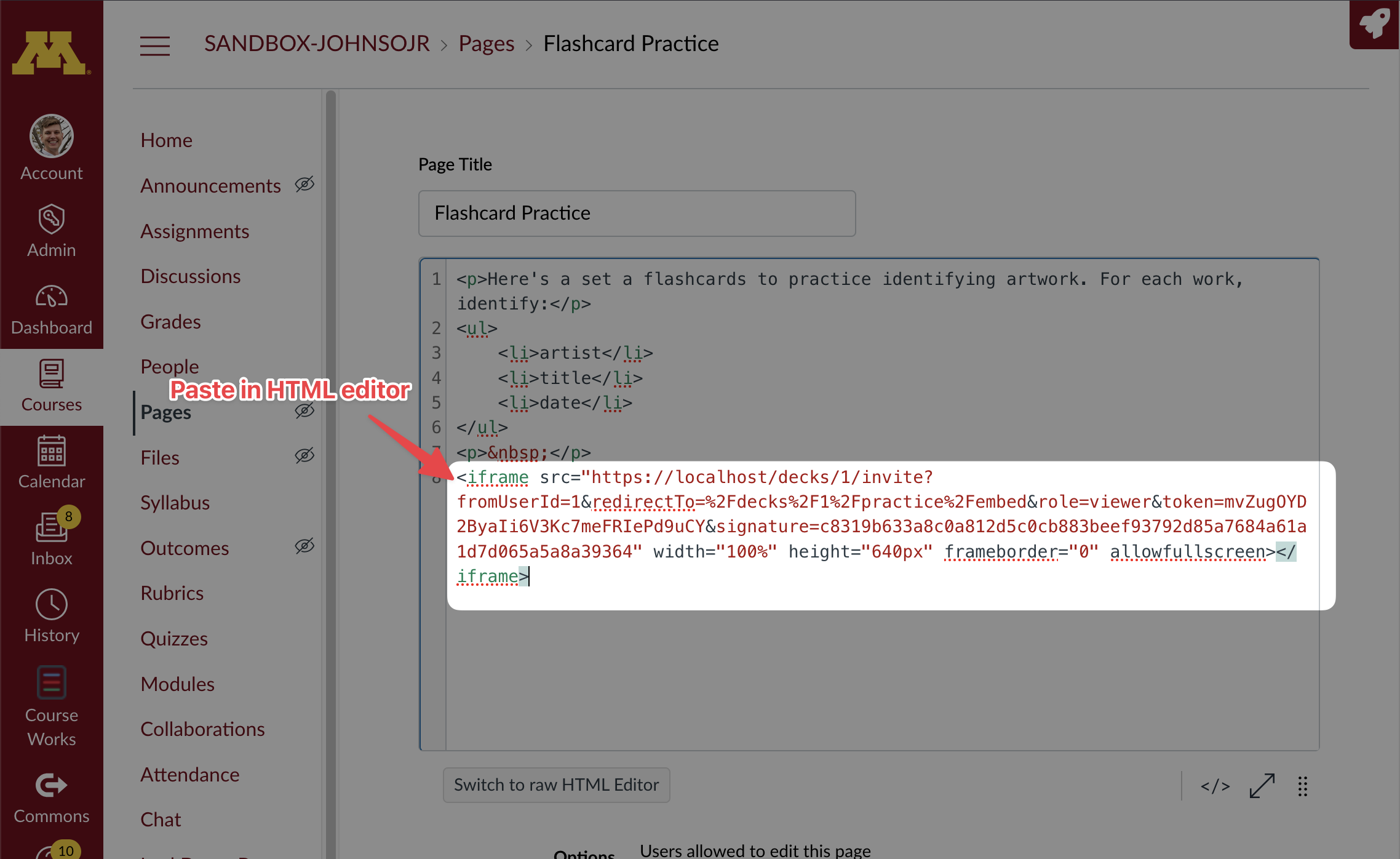 Paste embed code at the bottom of the html, while in HTML Edit mode