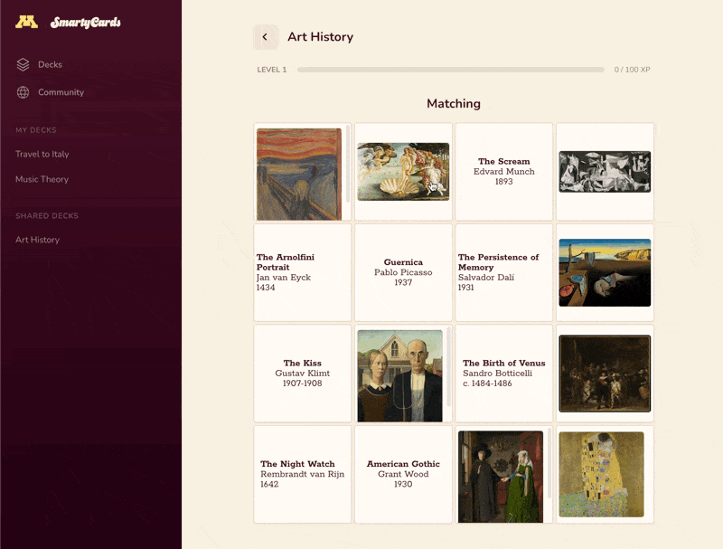 Matching game where users see a 4x4 grid of card sides: 8 famous paintings from art history, and 8 matching descriptions with authors, titles, and dates.