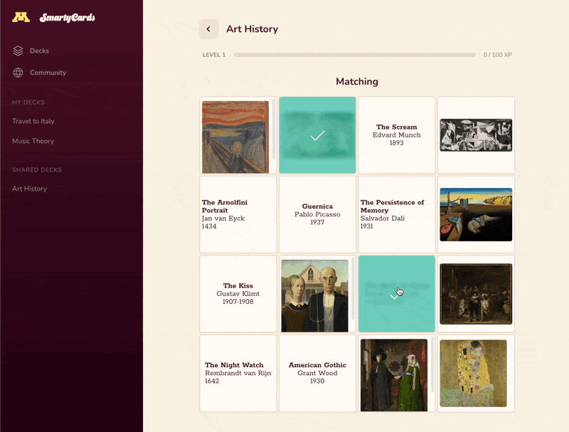 Matching game where users see a 4x4 grid of card sides: 8 famous paintings from art history, and 8 matching descriptions with authors, titles, and dates.