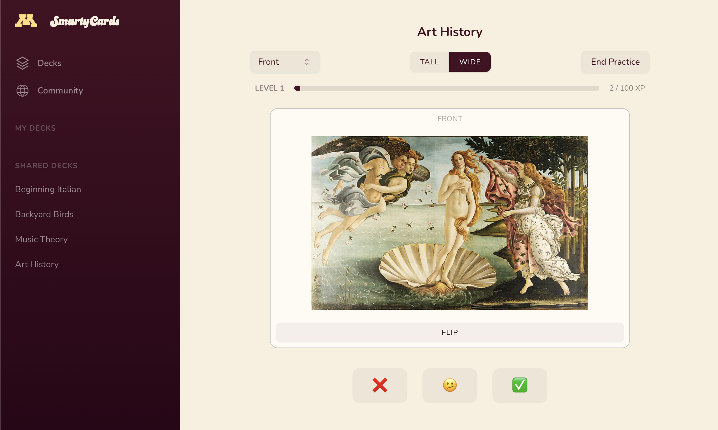 Practice mode screen with a single card, an image of Boticelli's Birth of Venus. Below the card are 3 button for the user to click based on how well they know the card: ❌, 🫤, ✅.
