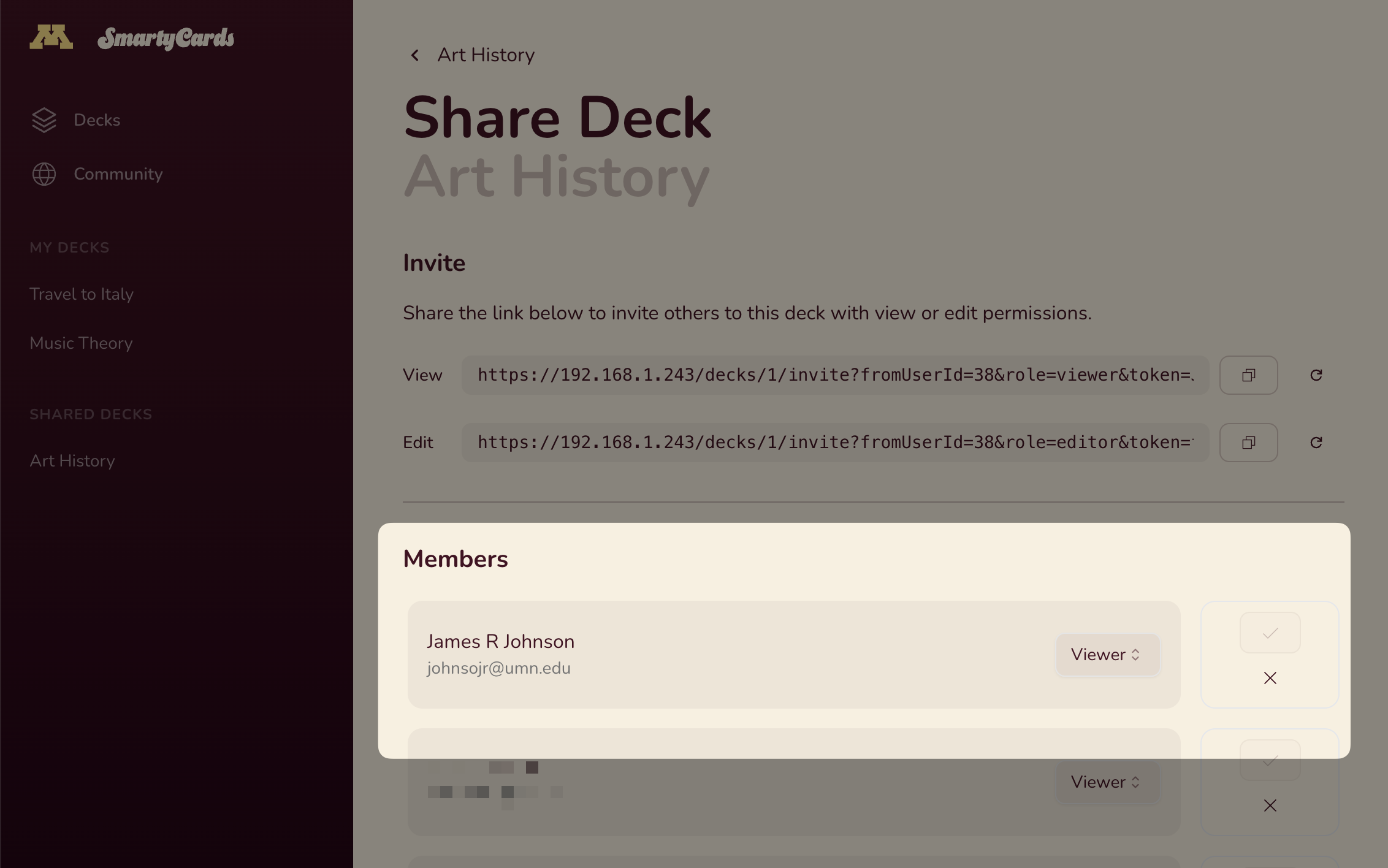 List of deck members on the share page