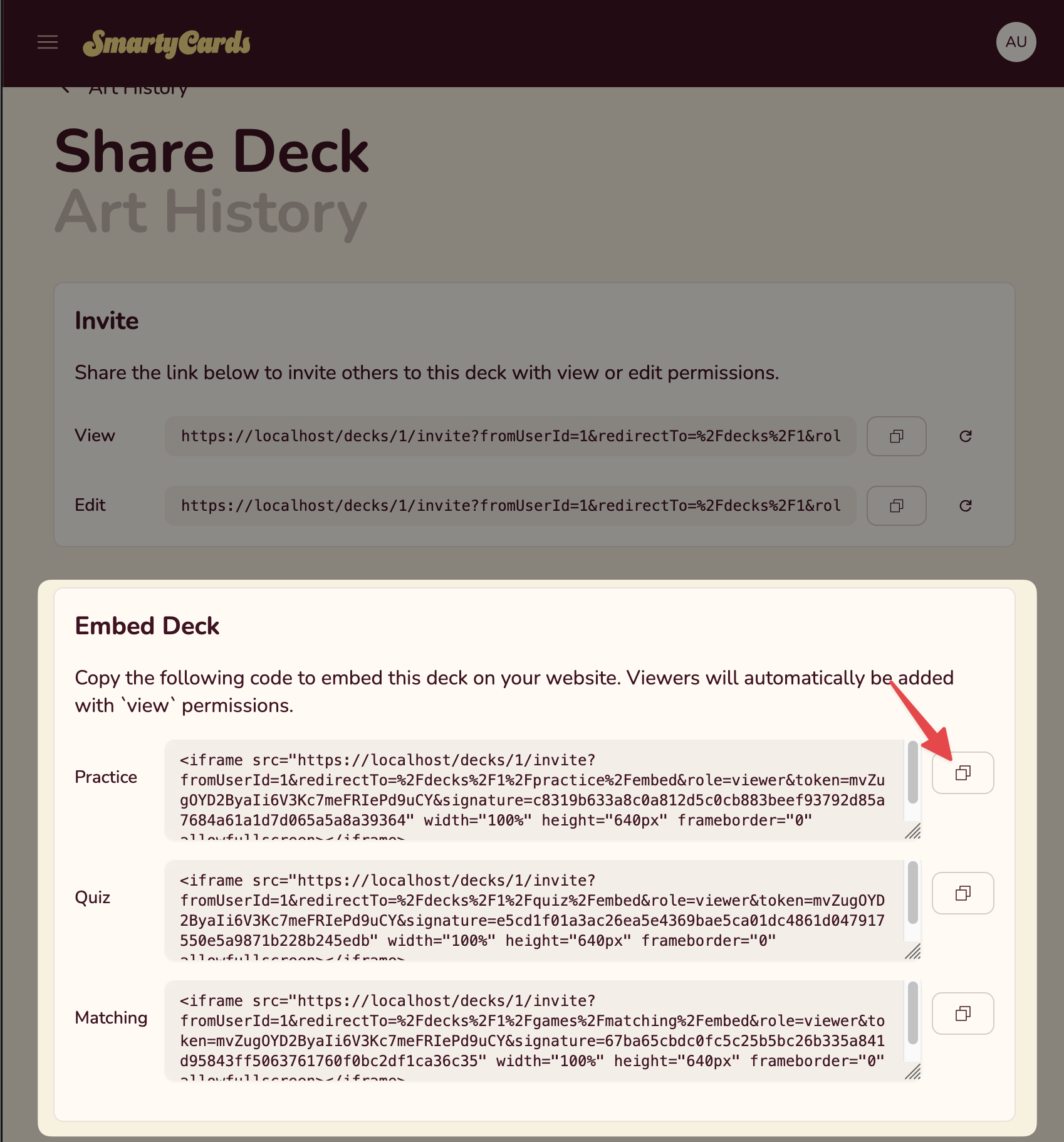 Embed section on share page. There is 3 options for embedding: practice, quiz, and matching