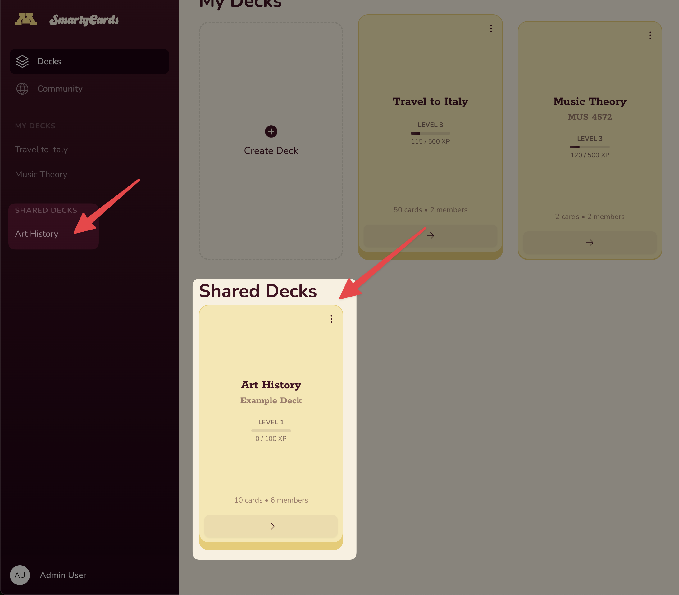 Deck appears in the sidebar and on the Decks page under "Shared Decks"